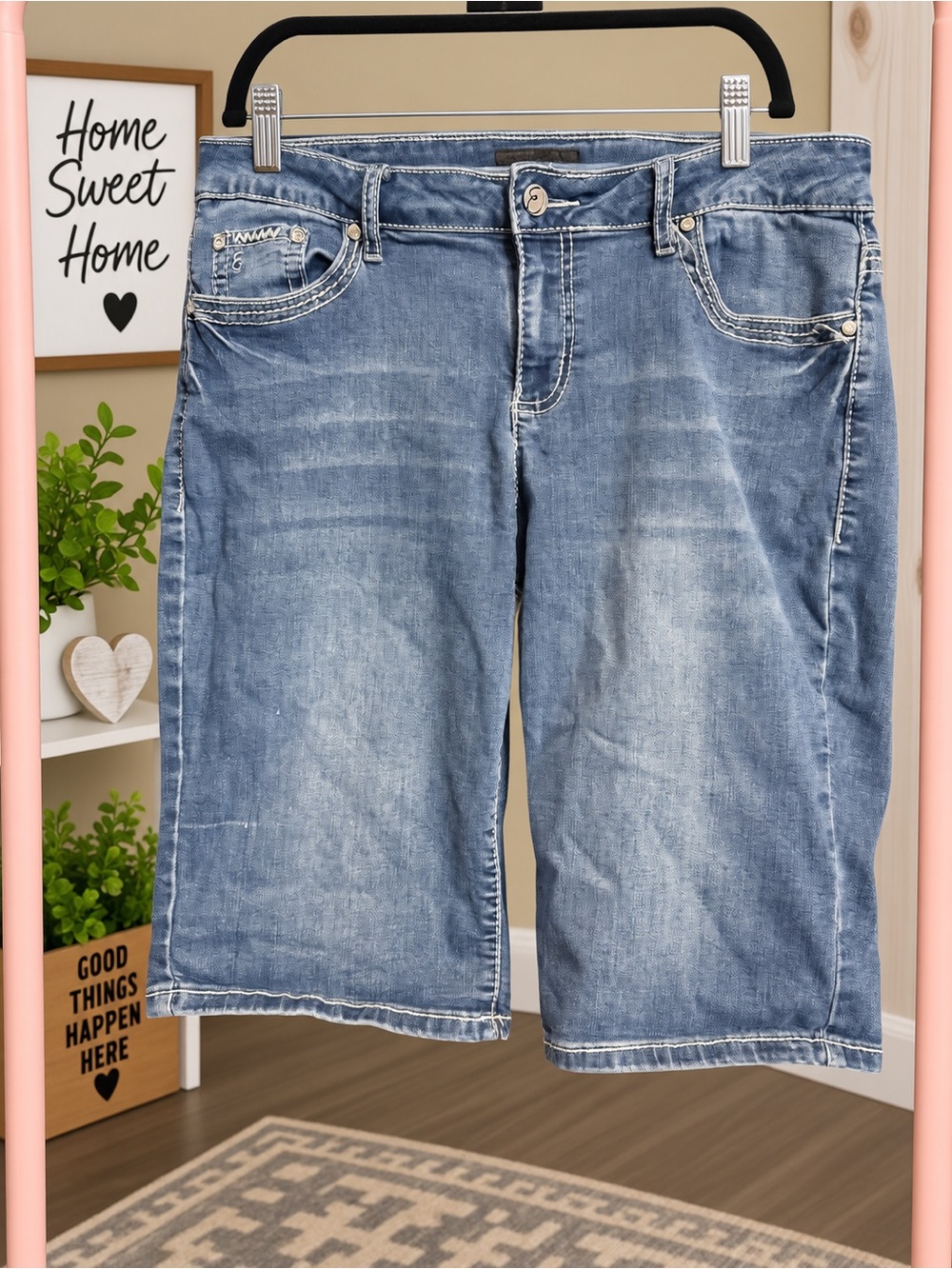 Earl Jeans Denim Bermuda Shorts Embellished Flap Pockets 14 petite